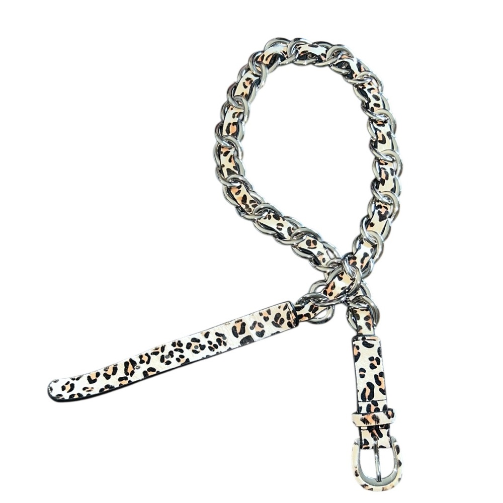 WCM NY Belt Silver Tone Chain with Leopard Print Genuine Calfskin Leather Large
